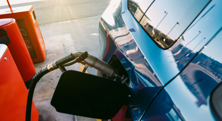 Hose Plugged Into Car Made Lpg Liquefied Petroleum Gas Fuel Gas Station Metallic Blue Car Refueling Gas Station Ecology Transportation Eco Concept