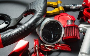 Sport Car Tuning Equipment And Accessories Top View Concept Background.