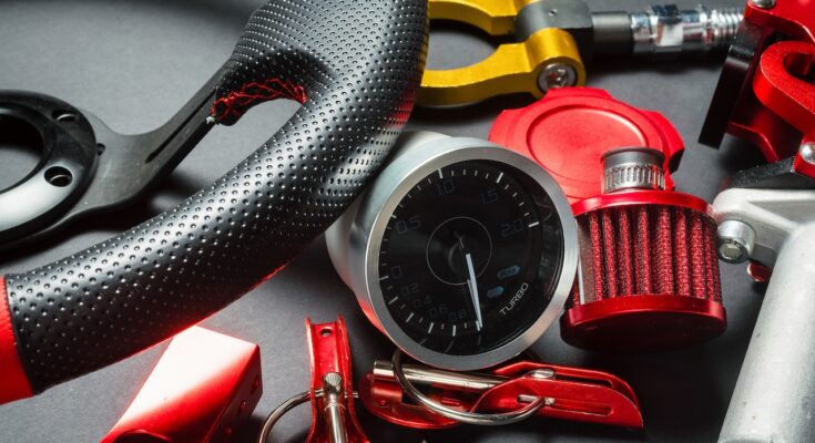 Sport Car Tuning Equipment And Accessories Top View Concept Background.