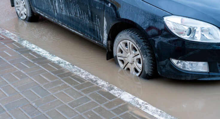 Cars Move Water Road Flood Disaster Outside