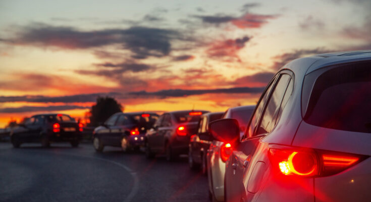 Cars With Lights Stand Line Front Barrier