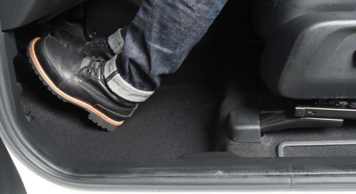 Man Foot Accelerator Brake Pedal Inside Car Vehicle Copy Space Which Black Color