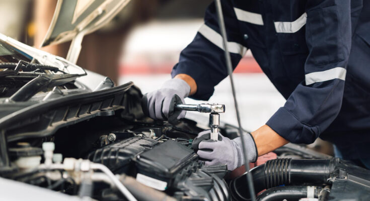 Mechanic Works Engine Car Garage Repair Service Concept Car Inspection Service Car Repair Service