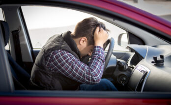Portrait Stressed Man Sitting Car Drivers Seat