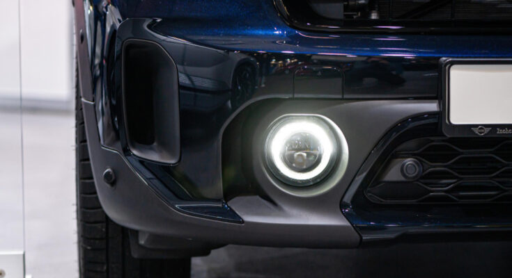 Riga Latvia Sep 24 2021 Fog Light Front Bumper Mini Countryman Plug Hybrid Closeup