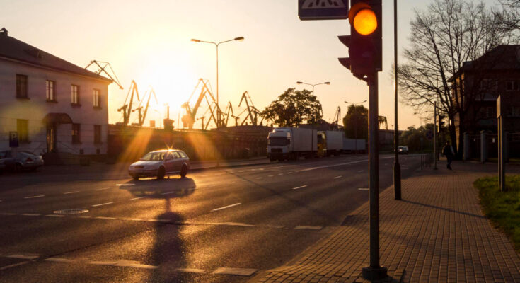 Roadside Lanterns Harbor Cranes Against Backdrop Sunset Klaipeda Lithuania