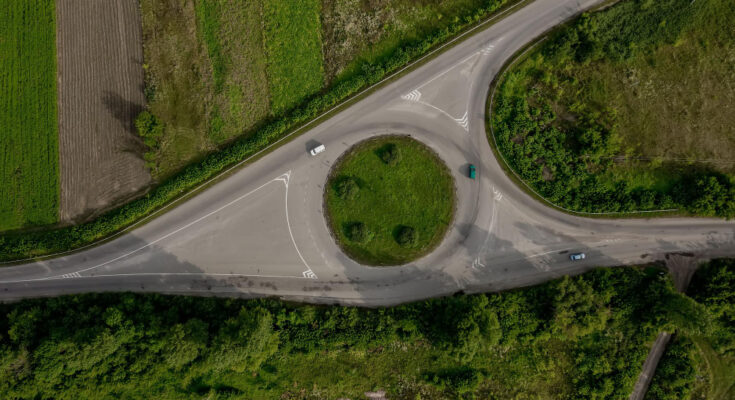 Roundabout Traffic Cars Trucks Circle Ring Road Aerial Top View