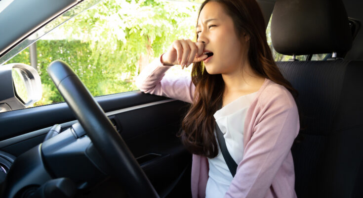 Young Asian Woman Hold Her Nose Because Bad Smell Dirty Car